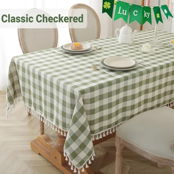 Chic Olive Checkered Tablecloth with Tassels - Picture 4 of 8